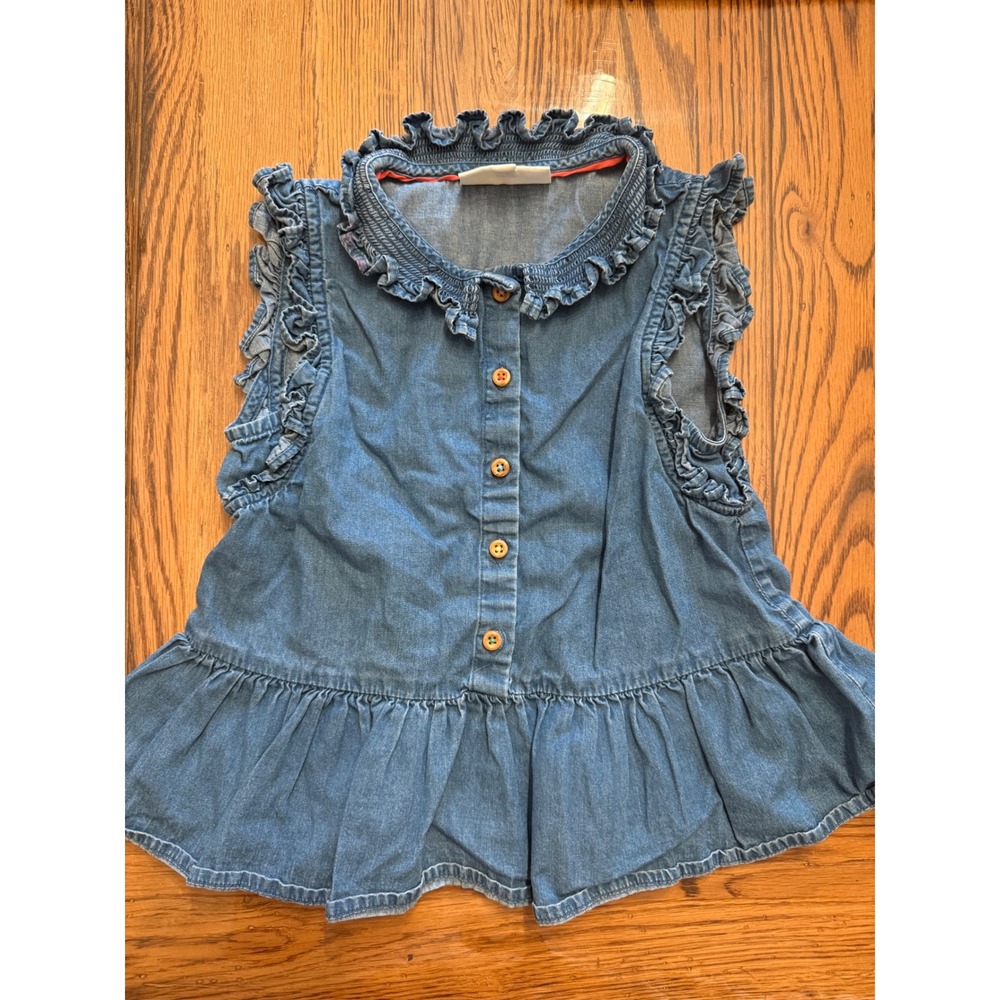 Mini Boden Denim Peplum Top Kids 6-7Y Blue Ruffle Collar Sleeveless Chambray